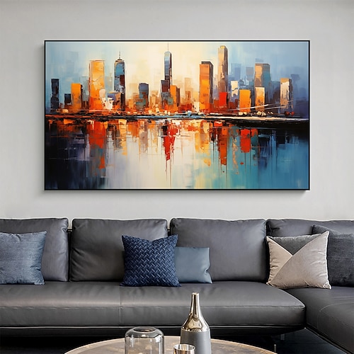 Handgefertigtes Original-Stadtlandschafts-Ölgemälde auf Leinwand, Wandkunst-Dekor, Küstengebäude-Gemälde für Heimdekoration mit gespanntem Rahmen/ohne Innenrahmen-Gemälde Image