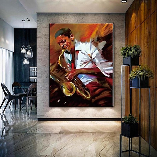 Handgefertigtes Jazz-Figurengemälde, modernes, feines Kunstwerk, die neueste Hoteldekoration, handgemaltes Musiker-Jazzspieler-Ölgemälde, Wandkunst, Studio-Dekor, Geschenk für Dekor, gerollte Leinwand Image