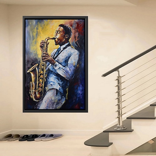 Handgefertigtes Jazz-Figurengemälde, modernes, feines Kunstwerk, die neueste Hoteldekoration, handgemaltes Musiker-Jazzspieler-Ölgemälde, Wandkunst, Studio-Dekor, Geschenk für Dekor, gerollte Leinwand Image