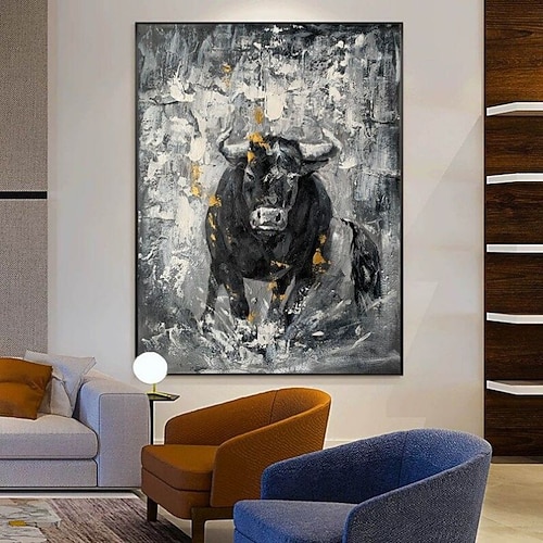 Handgefertigtes Ölgemälde auf Leinwand, Wandkunst, Dekoration, schwarz-weißer abstrakter Tier-Stier für Heimdekoration, gerolltes, rahmenloses, ungedehntes Gemälde Image