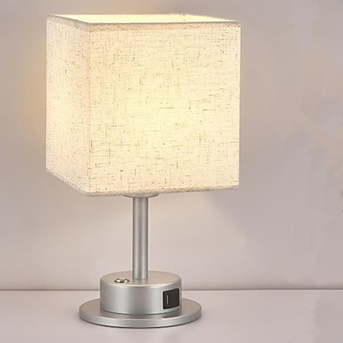 Nachttischlampe mit USB-Anschluss – Touch-Control-Tischlampe für Schlafzimmer Holz-Nachttischlampe mit rundem Schirm aus Flachsstoff für Wohnzimmer, Wohnheim, Heimbüro (LED-Leuchtmittel enthalten) Image
