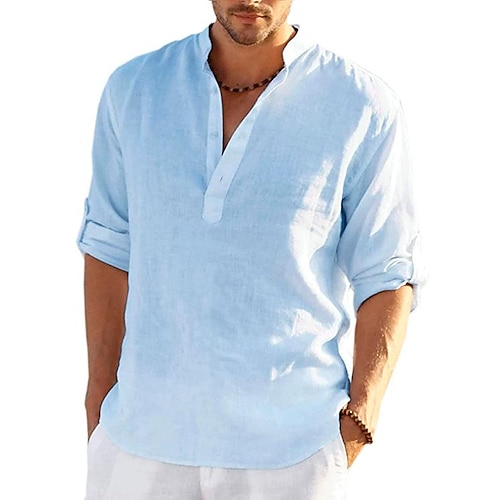 Herren Wanderhemd Henley-Shirt T-Shirt Oberteil Außen Schnelltrocknend Leicht Schweißableitend Atmungsaktiv Sommer Frühling Baumwolle und Leinen Hellblau Marineblau Denim Blue Angeln Klettern Strand