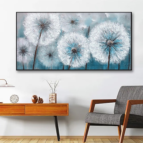 Handgefertigtes Ölgemälde auf Leinwand, Wandkunst, Dekoration, modernes Blumen-Löwenzahn-Edelweiß für Wohnkultur, gerolltes, rahmenloses, ungedehntes Gemälde Image