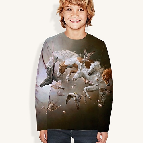 Jungen Mädchen 3D Vogel Pferd T-Shirt Langarm 3D-Druck Herbst Aktiv kinderkleidung 4-12 Jahre Regular Fit Image
