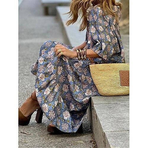 Damen kleid lang Boho-Kleid Boho Urlaub Verabredung Regular Fit Blumen Halbe Ärmel V Ausschnitt Blau Sommer