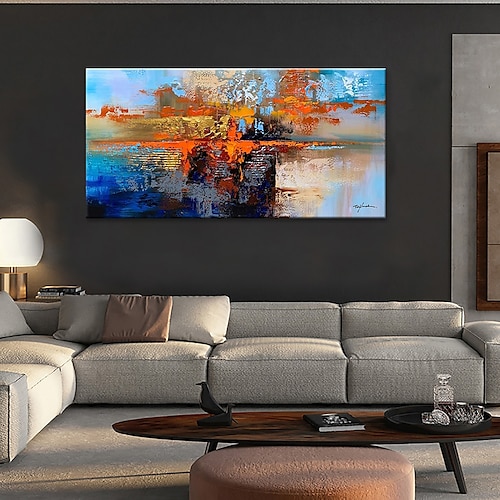 Ölgemälde 100% Handarbeit handgemalte Wandkunst auf Leinwand orange blau horizontal abstrakt modern Wohndekoration Dekor gerollte Leinwand ohne Rahmen ungedehnt Image