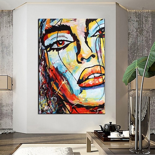 Handgemalte Wandkunst, farbenfrohes Gesichtsgemälde, Wandkunst, Frauenporträt, Leinwandgemälde, abstraktes Mädchen-Ölgemälde, Wanddekoration, Kunst, Heimdekoration, fertig zum Aufhängen oder auf Image