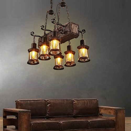 Pendelleuchte 55cm LED lange Retro Streifen Holz Kronleuchter mit Glas Schatten Seil 6 Köpfe Pendelleuchte warmweiße Lichter dekorative Leuchte Retro rustikale antike Deckenleuchte ac110V ac220V Image