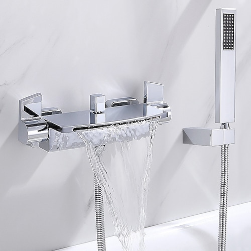 Wasserfall-Badewannenarmatur Wandmontage, weit verbreitete Badezimmer-Dusche-Mischbatterie Badewanne römische Wannenfüller-Mischbatterie Messing, 3-Loch-Sprayer mit Kaltwasserschlauch Image