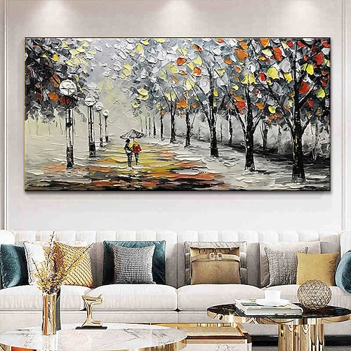 Landschaft Ölgemälde Wandkunst auf Leinwand zwei Personen mit Regenschirmen schlendern den Waldweg entlang Heimdekoration Dekor gerollte Leinwand ohne Rahmen ungedehnt Image