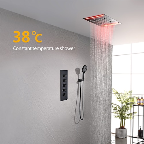 Duscharmatur, Regenduschkopfsystem / Thermostat-Mischventil-Set – Regendusche, Wasserfall, zeitgenössische lackierte Oberflächen, Montage in Messing-Ventil-Badewannen-Mischbatterien Image