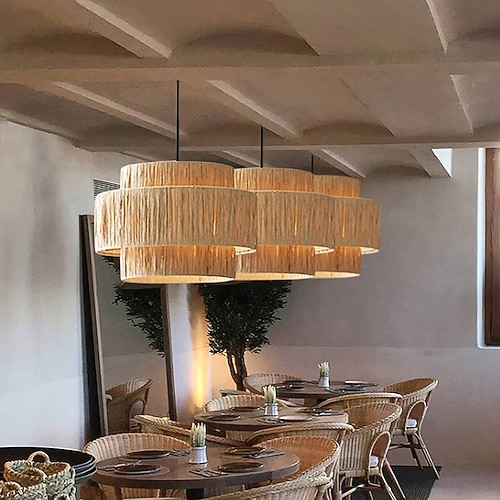 LED Pendelleuchte Rattan Design Kronleuchter Retro 16/40/50/60 cm Kronleuchter Deckenbeleuchtung ist anwendbar für Wohnzimmer Schlafzimmer Restaurant Café Bar Restaurant Club 110–240 V Image