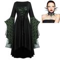 Set mit Fledermauskleid, Federkragen, Spitzenhalskette, 2-teiliges Outfit, Retro-Vintage-Punk, Gothic, Steampunk, mittelalterliches Kleid, bösartige Hexen, Damen-Cosplay-Kostüm, Halloween, Party, Club