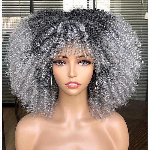 lockige Afro-Perücke mit Pony für schwarze Frauen, kurze, verworrene, lockige Perücke, 14 Zoll, synthetische, hitzebeständige, braune, volle Perücken, Weihnachtsfeier-Perücken Image