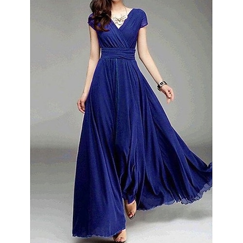 Damen Langes Kleid Maxikleid Partykleid Freizeitkleid Schwingkleid Modern elegante kleider Täglich Hochzeitsgast Date Schlank Einfarbig Kurzarm V Ausschnitt Blau Schwarz Weiß Gelb Sommer Frühling Image