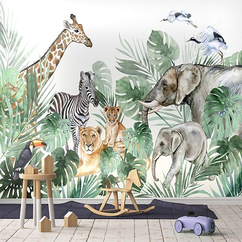 kinderzimmer wandbild tapete wandaufkleber druck schälen und stick selbstklebend cartoon giraffe elefant tier leinwand wohnkultur Image
