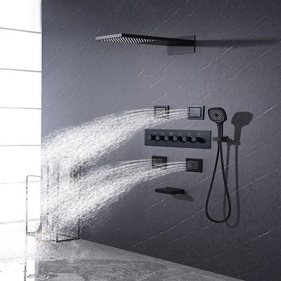 Shower Faucet,Rainfall Shower System 5-Function Thermostatic Mixer valve Body Jet Massage Set Rainfall Shower Multi Spray Shower Waterfall Contemporary Painted Finishes Mount Inside Brass Valve