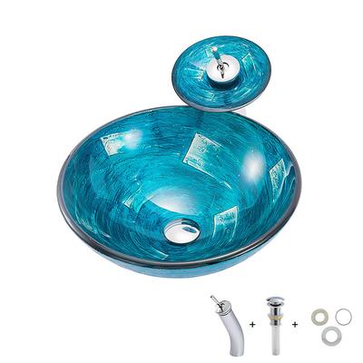 Minimalist Mediterranean Wind Round Basin Tempered Glass Wash Basin With Waterfall Faucet Basin Support Drainer