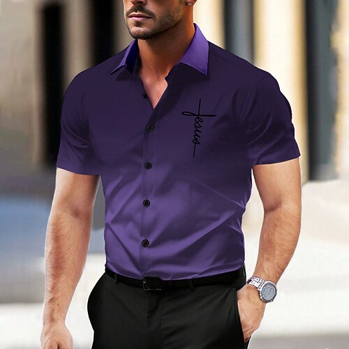 Herren Oberhemd Knopfhemd Bedruckte Hemden Outdoor Urlaub Rote Blau Tintenblau Purpur Kurzarm Umlegekragen Sommer Bekleidung Knopf hoch Image