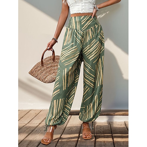 Damen Stoffhosen Lässig Lang Hohe Taille Geometrisch Drucken Atmungsaktivität Weich Mikroelastisch Urlaub Alltagskleidung Graues Grün Sommer Frühling Herbst Normale Passform Image