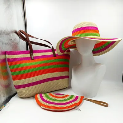 Three-piece set of rainbow straw hat bag sun hat outdoor travel beach straw hat sun protection hat gorras para mujer