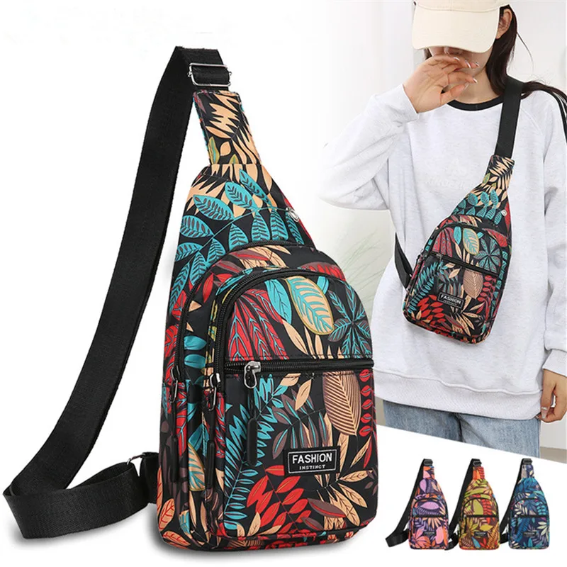 Sac à dos à bandoulière multi-poches pour femmes, sac de poitrine de voyage en plein air, sac de randonnée, sac à dos à bandoulière imprimé feuilles florales colorées, mode