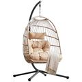 Blisswood Swing Egg Chair, Rattan Hanging Egg Chair With Cushion, Foldable Egg Chair Outdoor Indoor, Garden Patio Hammock Chair With Stand & Adjustable Height, upto 160 Kg Weight Capacity (Natural)