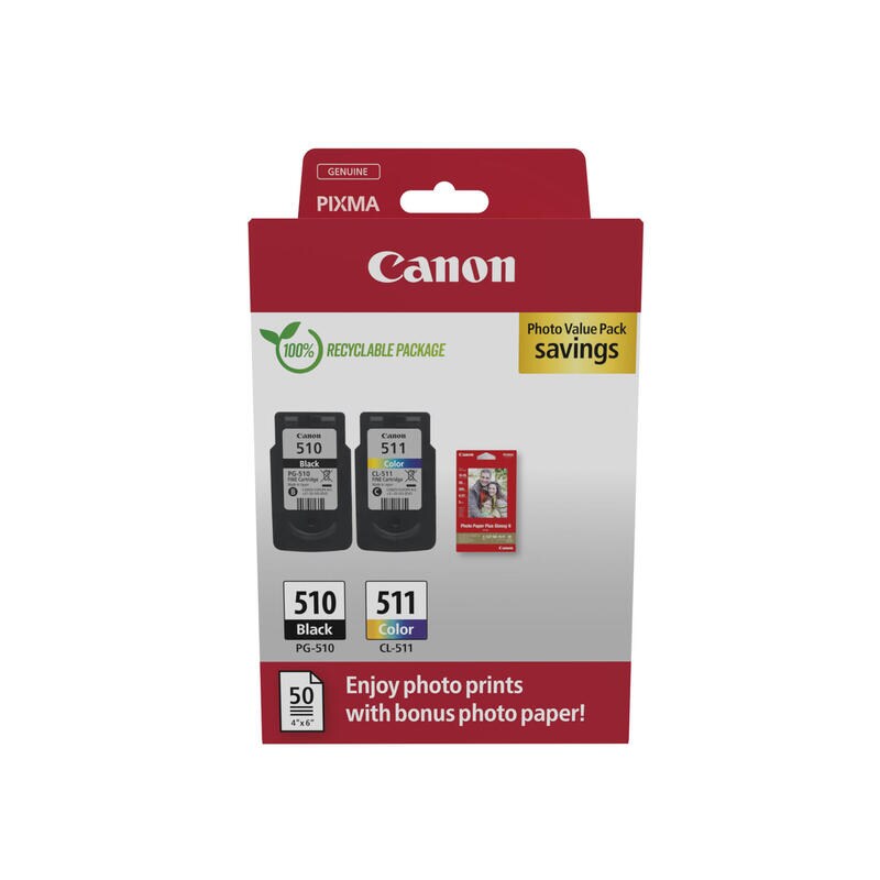 Canon Original PG-510 + CL-511 Druckerpatronen Valuepack - 1 x schwarz / 1 x farbig + 50 Blatt Fotopapier (2970B017) Image
