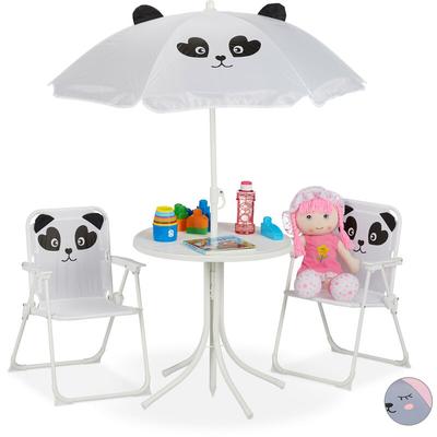 Relaxdays Camping Kindersitzgruppe, Kindersitzgarnitur mit Sonnenschirm, Klappstühle & Tisch, Panda