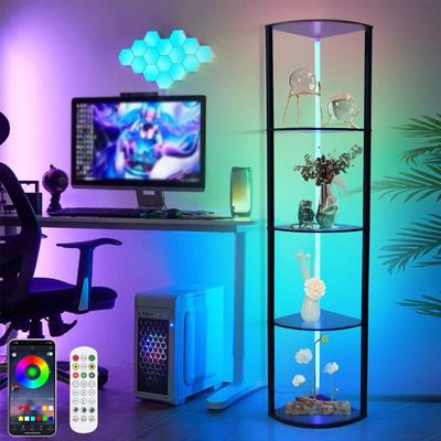 Led Stehlampe mit Holzregal, rgb Holz Stehleuchte Standleuchte Regal, 4-Ebenen, Dimmbar Ecklampe Image