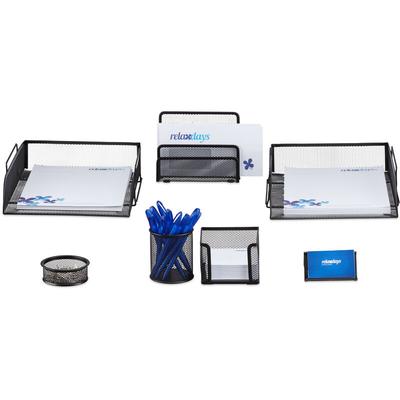 Relaxdays - Schreibtisch Organizer Set, 7-teilig, Metall, Schreibtisch-Set, Briefablage, Zettelbox, Image