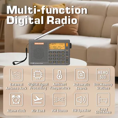 SIHUADON R108 DSP AM FM SW Airband Portable Radio 500Presets Alarm Sleep Timer Temp LCD BL5C Type-C Antenna Gift Elder Travel