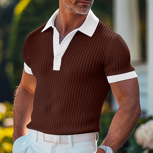 Herren Textur Golfshirt Geschäft Lässig Klassisch Kurzarm Mode Old-Money-Stil Einfarbig Knöpfe Gestrickt Sommer Frühling Normale Passform Hellblau Weiß Burgunderrot Khaki Grau Textur Image