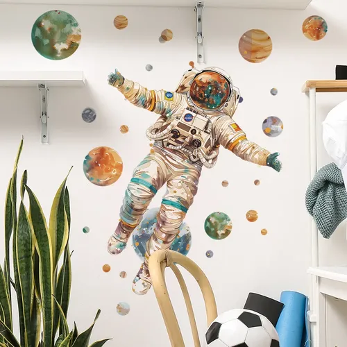 Autocollant mural d'astronaute en vinyle pour enfants, papier peint adhésif pour décoration de