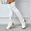 Liyke stivali sopra il ginocchio alti alla coscia in pelle bianca Sexy Open Toe Stripper tacchi stivaletti moda Zip scarpe da moto décolleté da donna