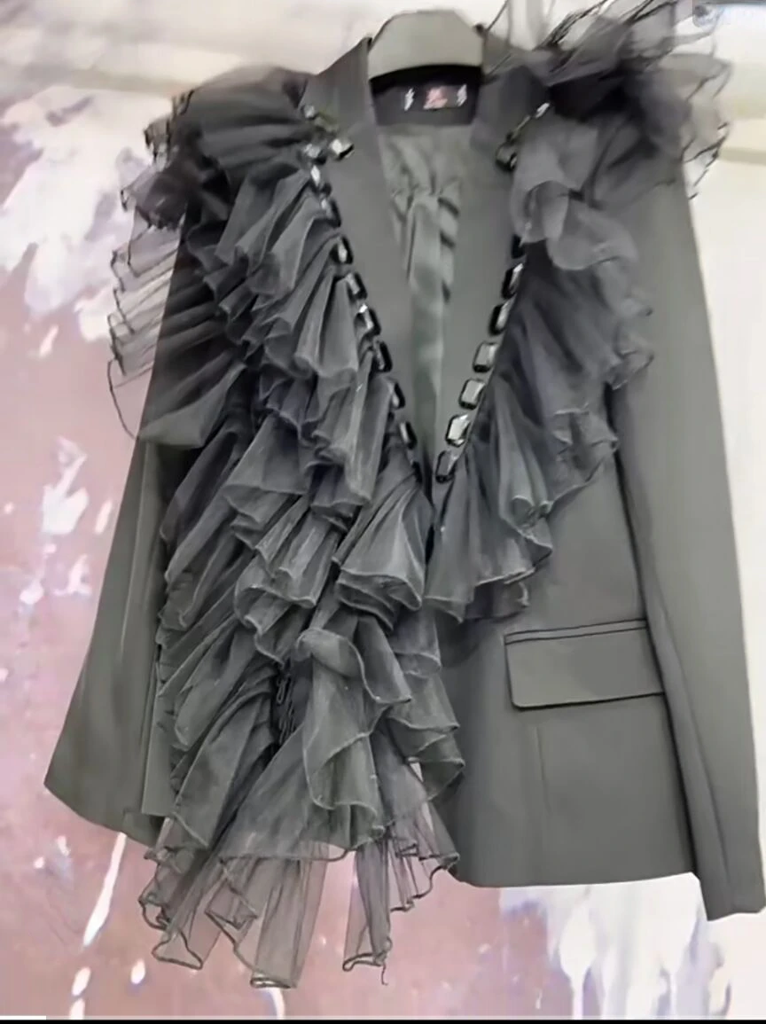 Luxus Mesh Rüschen Rand Diamanten Perlen Anzüge Jacke ol Strass Gaze Blazer Mantel unregelmäßige Netzgarn Lotus Cardigan Tops Image