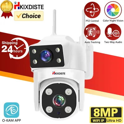 O-KAM kamera 4k 8mp dual objektiv wifi ptz kamera farbe nachtsicht auto tracking zwei wege audio outdoor sicherheits überwachungs kamera