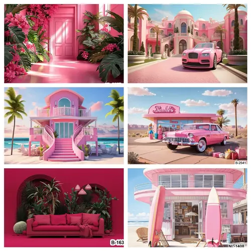 Haus Fotografie Hintergrund Barbie Rosa Sommer rosa Auto tropischen Strand Strand Kinder Geburtstags