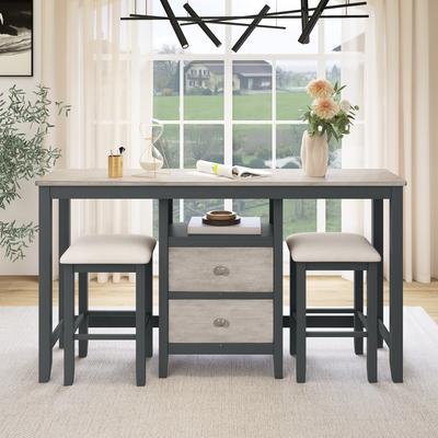 Farmhouse Rustic 3-piece Counter Height Wood Dining Table Set with Cabinet,2 Storage Drawers and 2 Stools