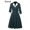 Tonval-Robe Vintage à Carreaux Verts pour Femme Col Cranté Taille Haute Manches sulf3/4 Robes