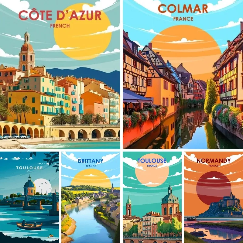 Points de diamant pour adultes, art mural de voyage rétro, kits de peinture de diamant bricolage pour adultes, ville de France, Riveria, Colmar, Marseille, Provence