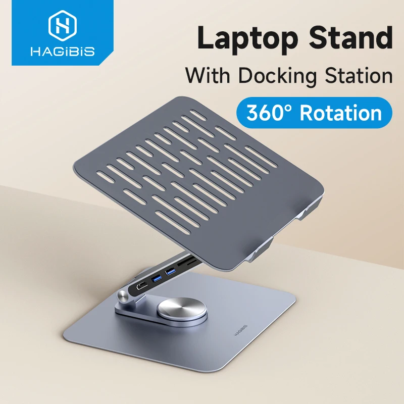 Hagibis verstellbarer Aluminium-Laptopst änder für Schreibtisch mit USB-C-Dock Ergonomischer Laptop-Riser USB-C-Hub für MacBook Windows Notebook Image