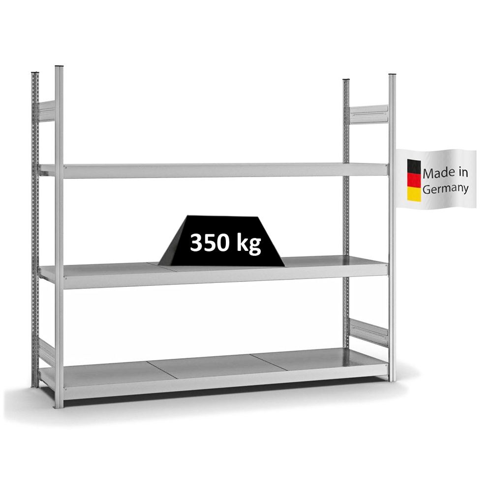 PROREGAL Weitspannregal Stecksystem T-Profil | HxBxT 200x225x50cm | 3 Ebenen | Stahlplatten-Fachboden | Fachlast 350kg | Verzinkt | Lagerregal Image