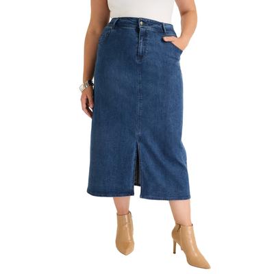 Plus Size Women's Front-Slit Denim Midi Skirt by June+Vie in Medium Blue (Size 22 W)