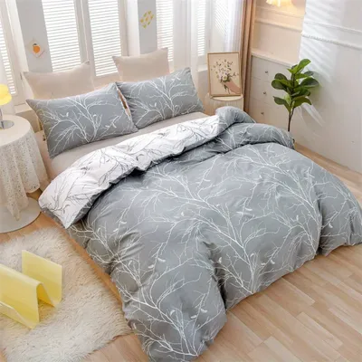 3PCS Branch printing Gray and White Botanical Geometric Printing Bedding (1 duvet cover + 2 PILLOWCASES) NO pillow core