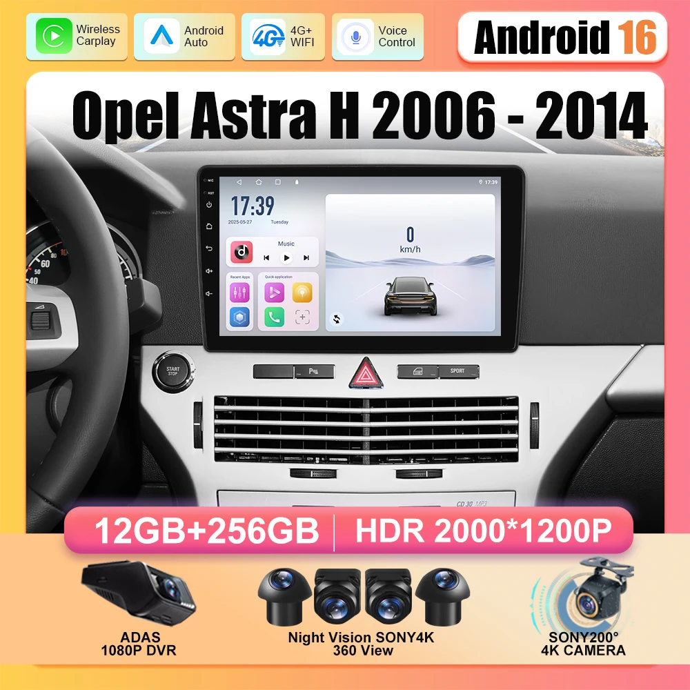 Android 16 Für Opel Astra H 2006-2014 5G Wifi BT Auto Stereo Drahtlose Carplay HDR QLED IPS Bildschirm 360 Cam Radio DSP Keine 2Din DVD