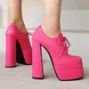 LAIGZEM Frauen Stiefeletten Lace Up Platfrom Block Dicken High Heels Komfortable Damen Weibliche Schuhe Frau Große Größe 33 39 40 41 43