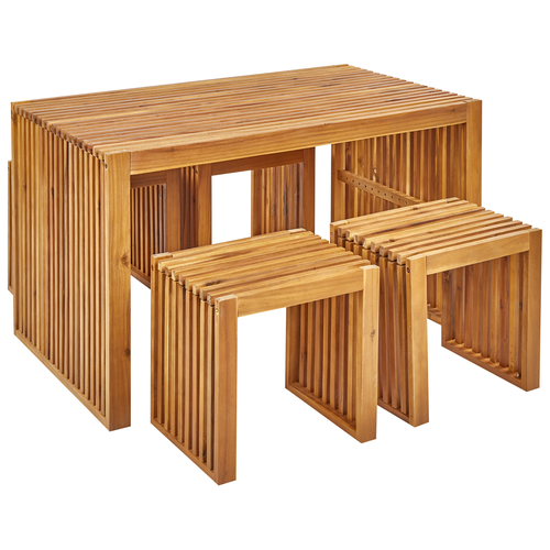 Gartenmöbel Set Hellbraun Akazienholz 4-Sitzer 5-Teilig Rustikal Modern 1 Tisch mit 4 Hockern Outdoor Terrasse Garten Ausstattung Holzmöbel