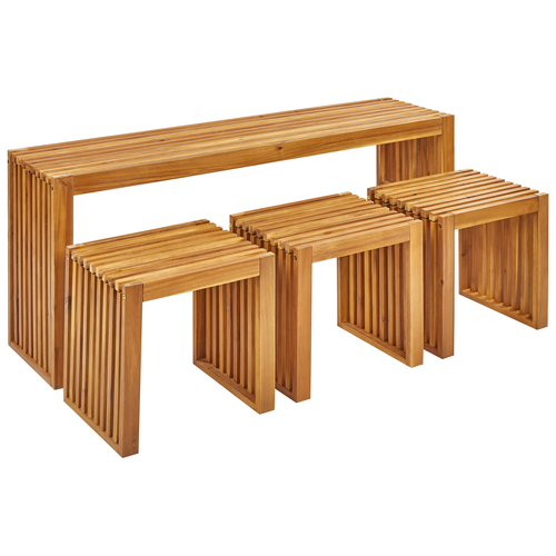 Gartenmöbel Set Hellbraun Akazienholz 3-Sitzer 4-Teilig Rustikal Modern 1 Tisch mit 3 Hockern Outdoor Terrasse Garten Ausstattung Holzmöbel