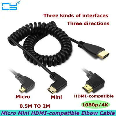 2m HDMI-compatible to Right & Left Angle Mini HDMI & HDMI & Micro HDMI male to Male Stretch Spring